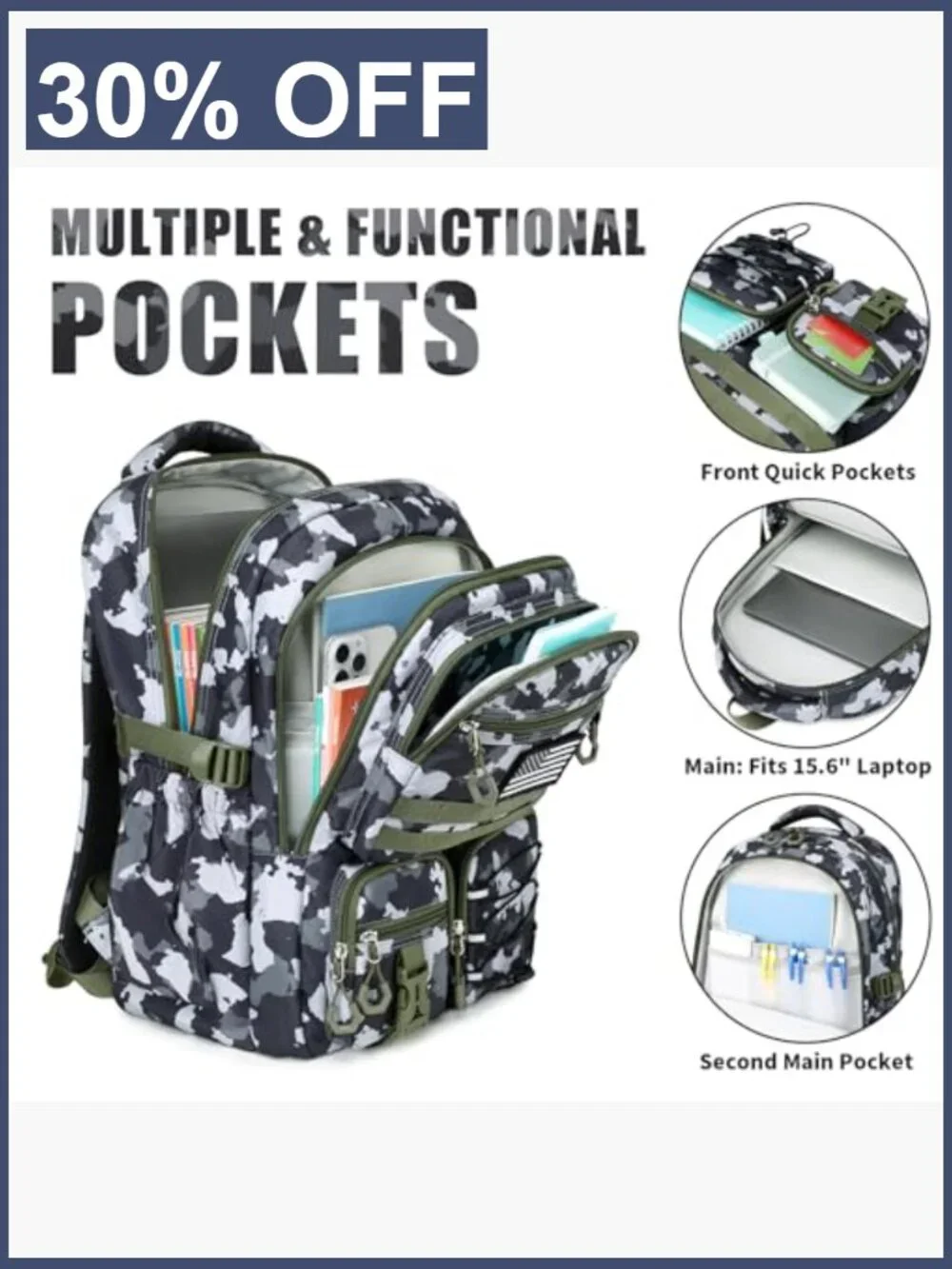 Tactical Military Camo Backpack for Teens Men, Waterproof 15.6